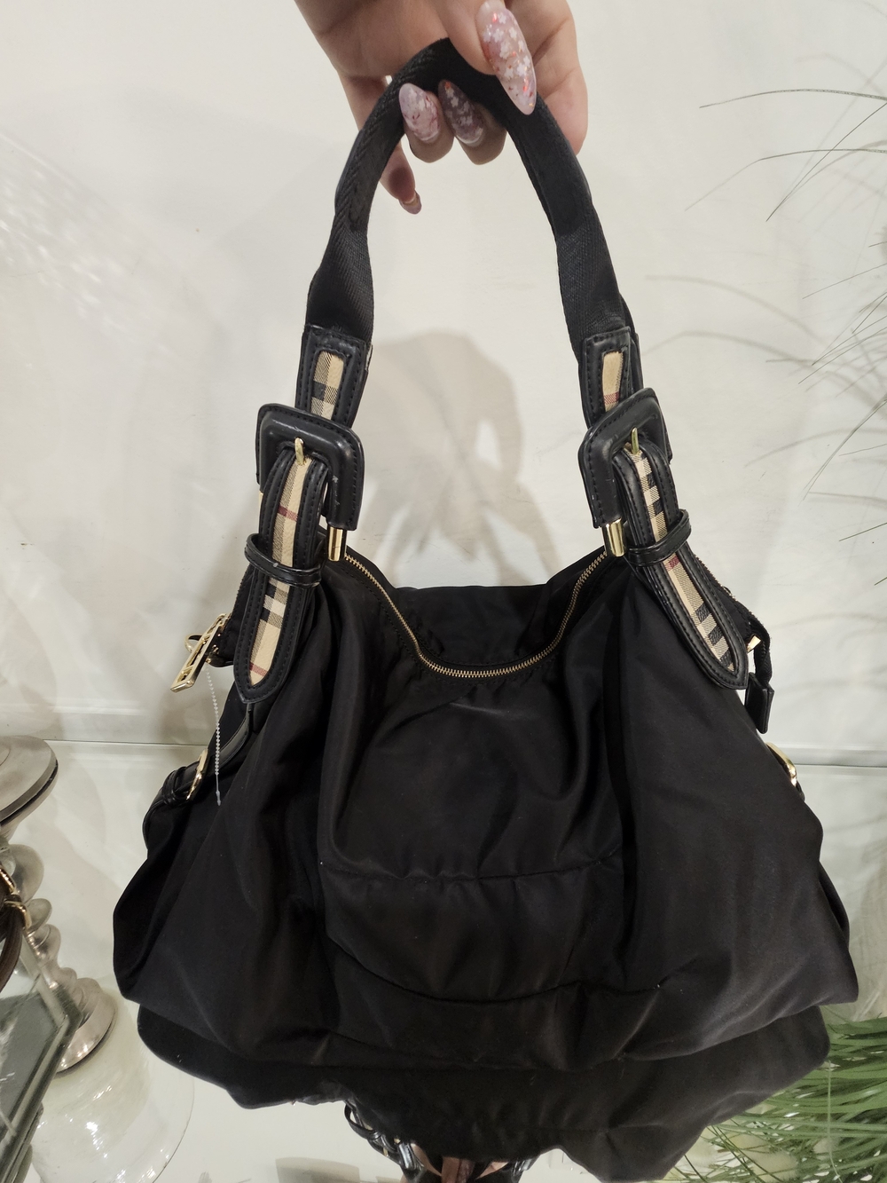 Black Women’s Shoulder Bag with Check Trim